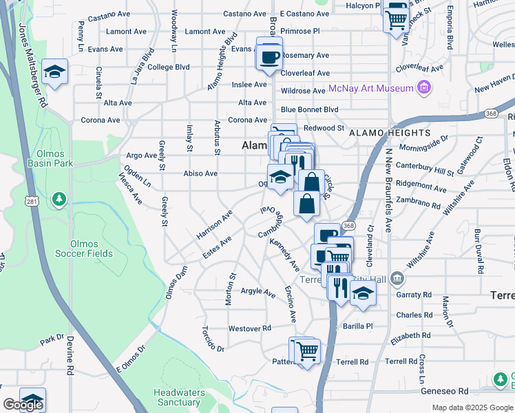 map of restaurants, bars, coffee shops, grocery stores, and more near 702 Cambridge Oval in Alamo Heights