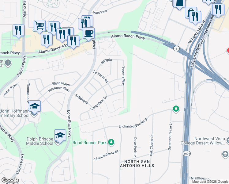 map of restaurants, bars, coffee shops, grocery stores, and more near 11526 Camp Real Lane in San Antonio