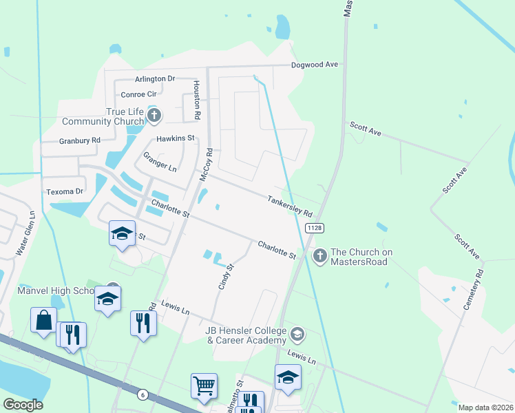 map of restaurants, bars, coffee shops, grocery stores, and more near 7018 Tankersley Road in Manvel