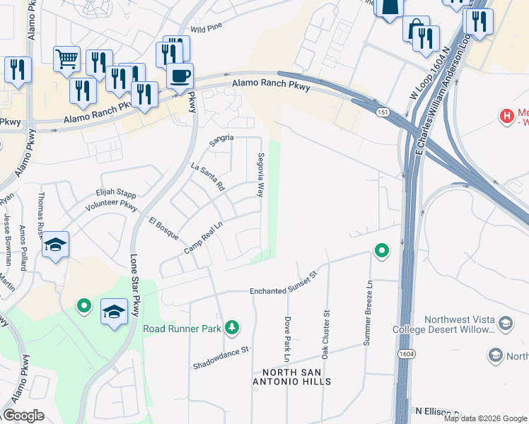 map of restaurants, bars, coffee shops, grocery stores, and more near 4802 Segovia Way in San Antonio