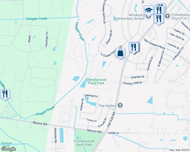 map of restaurants, bars, coffee shops, grocery stores, and more near 2557 Austin Trail in Friendswood