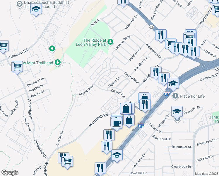 map of restaurants, bars, coffee shops, grocery stores, and more near 6408 Attucks Lane in San Antonio