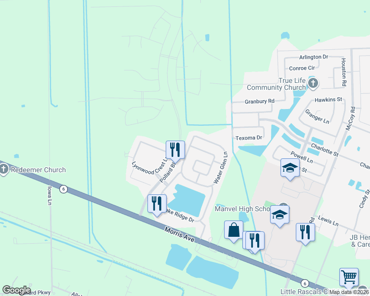 map of restaurants, bars, coffee shops, grocery stores, and more near 19010 Blue Valley Lane in Manvel
