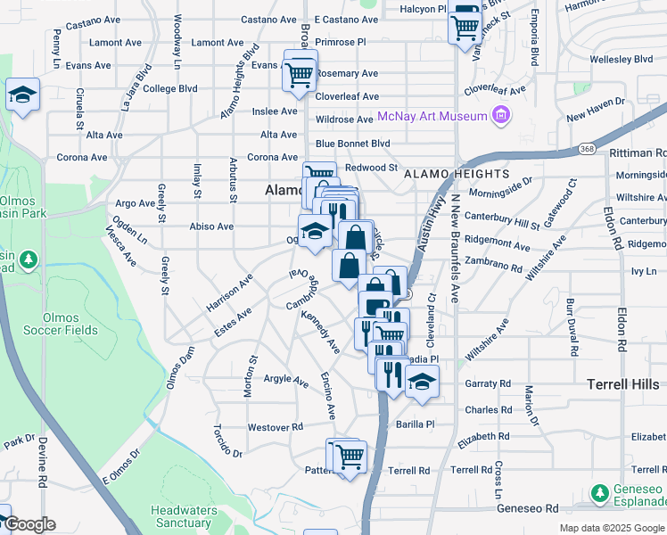 map of restaurants, bars, coffee shops, grocery stores, and more near 5701 Broadway in Alamo Heights