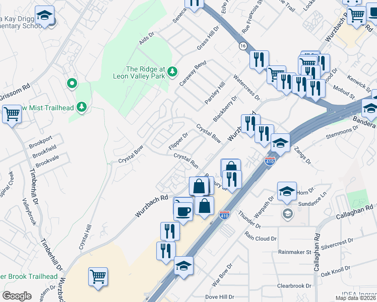 map of restaurants, bars, coffee shops, grocery stores, and more near 4804 Appleseed Court in San Antonio