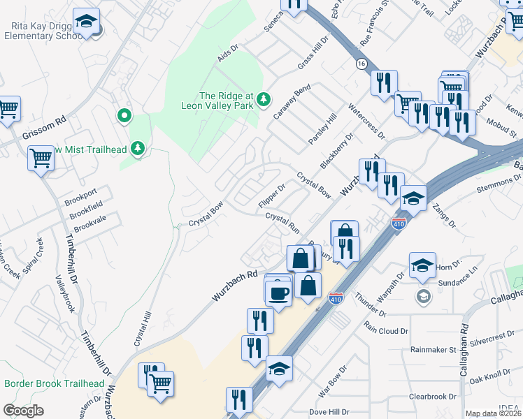 map of restaurants, bars, coffee shops, grocery stores, and more near 6408 Attucks Lane in San Antonio