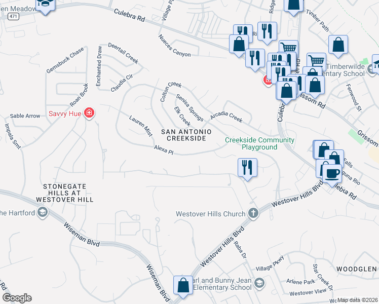 map of restaurants, bars, coffee shops, grocery stores, and more near 9638 Alexa Place in San Antonio