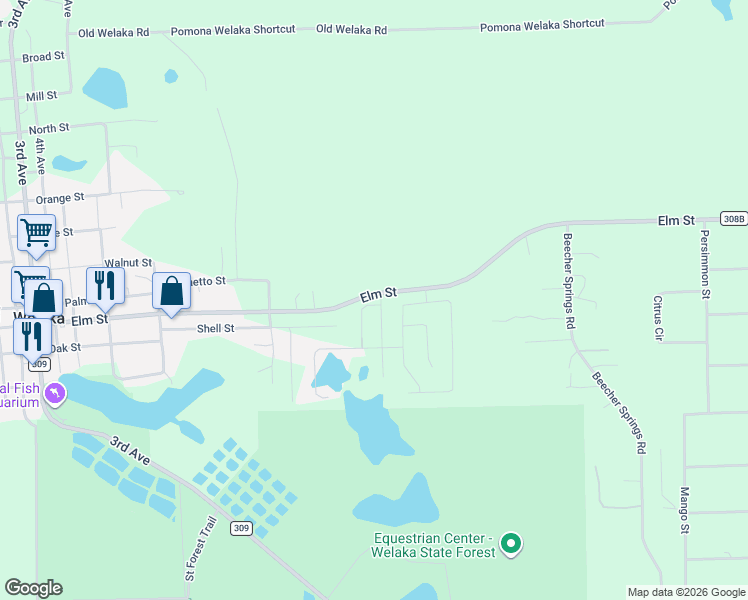 map of restaurants, bars, coffee shops, grocery stores, and more near 100 Siesta Circle in Welaka