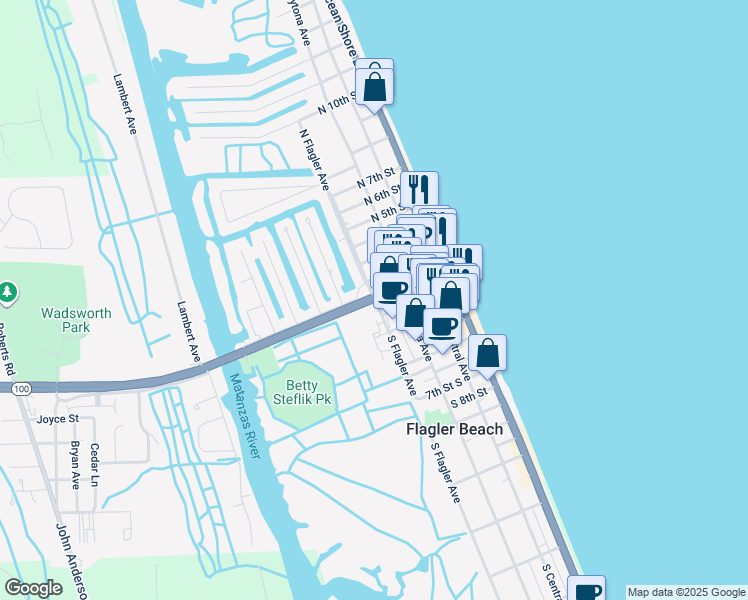map of restaurants, bars, coffee shops, grocery stores, and more near 1024 Flagler Avenue in Flagler Beach