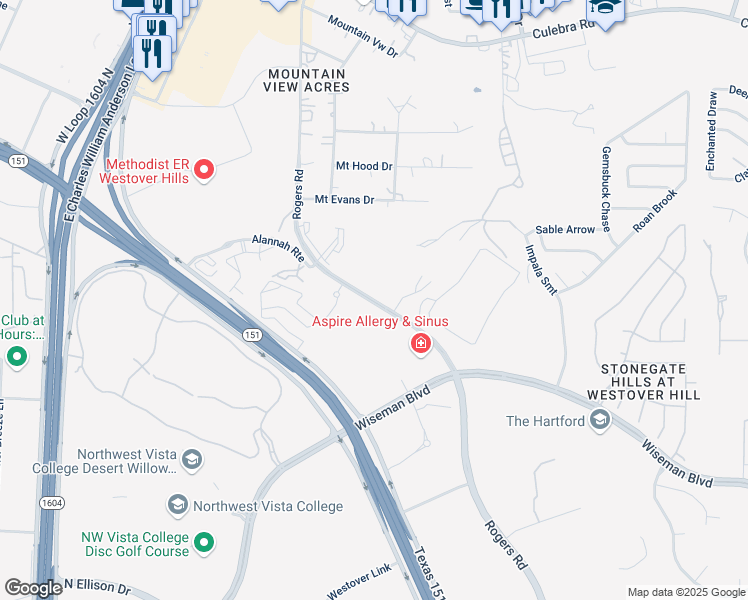 map of restaurants, bars, coffee shops, grocery stores, and more near 5295 Rogers Road in San Antonio