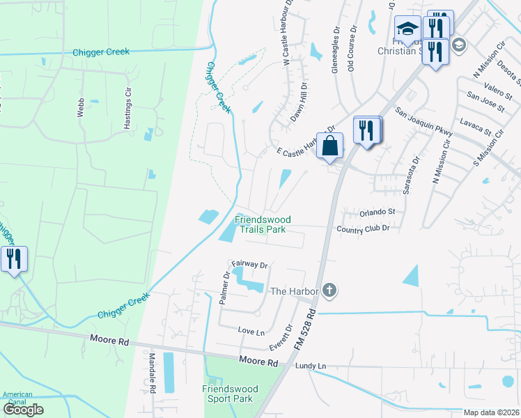 map of restaurants, bars, coffee shops, grocery stores, and more near 2557 Austin Trail in Friendswood