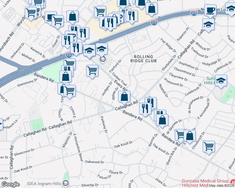 map of restaurants, bars, coffee shops, grocery stores, and more near 4916 Althea Drive in Leon Valley