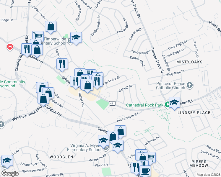 map of restaurants, bars, coffee shops, grocery stores, and more near 8874 Meadow Range Street in San Antonio