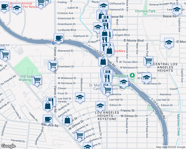 map of restaurants, bars, coffee shops, grocery stores, and more near 2103 West Wildwood in San Antonio