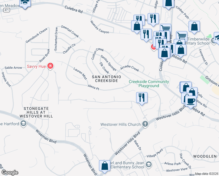 map of restaurants, bars, coffee shops, grocery stores, and more near 9638 Alexa Place in San Antonio