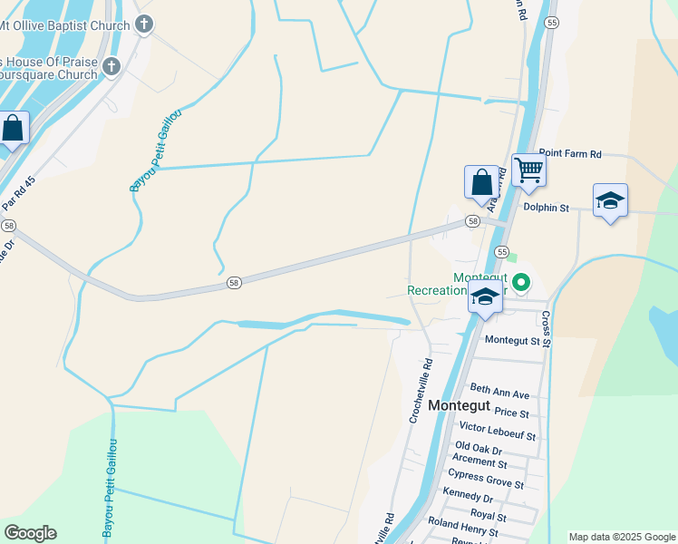map of restaurants, bars, coffee shops, grocery stores, and more near 566 Louisiana 58 in Montegut