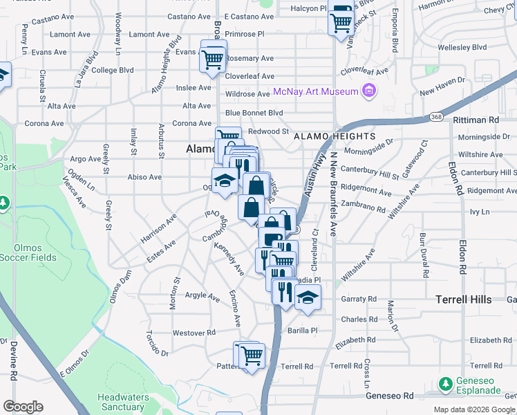 map of restaurants, bars, coffee shops, grocery stores, and more near 5800 Broadway in San Antonio
