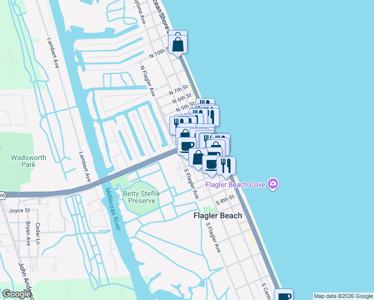 map of restaurants, bars, coffee shops, grocery stores, and more near 204 South Daytona Avenue in Flagler Beach