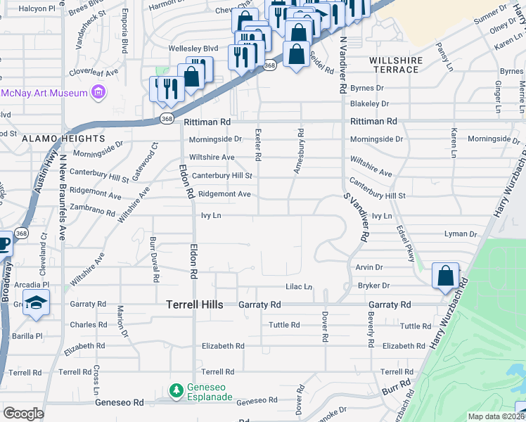 map of restaurants, bars, coffee shops, grocery stores, and more near 605 Ivy Lane in San Antonio