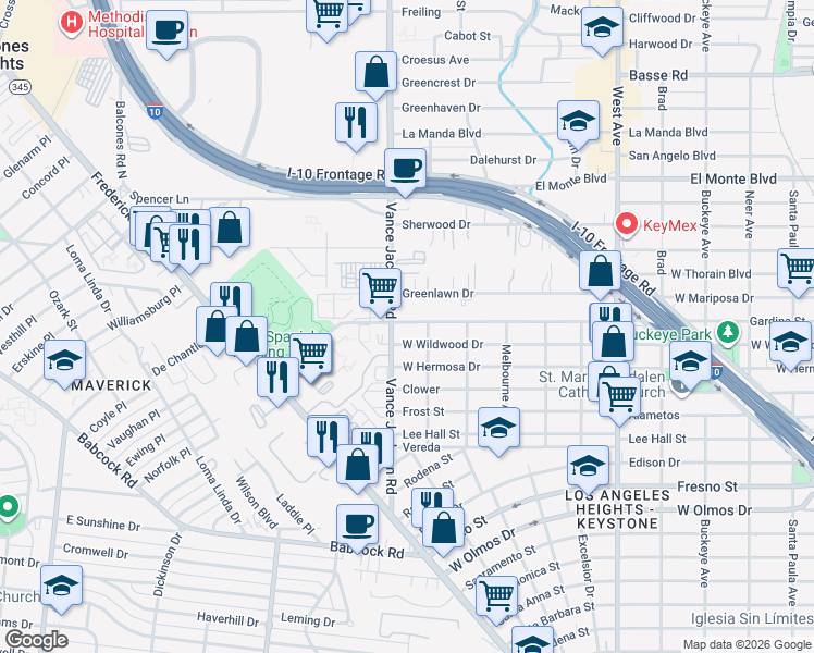 map of restaurants, bars, coffee shops, grocery stores, and more near 807 Vance Jackson Road in San Antonio