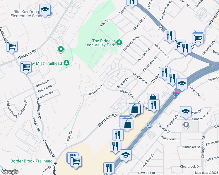 map of restaurants, bars, coffee shops, grocery stores, and more near 3 Stager Hills in San Antonio