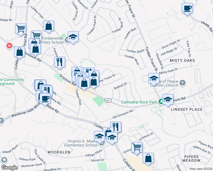 map of restaurants, bars, coffee shops, grocery stores, and more near 8874 Meadow Range Street in San Antonio