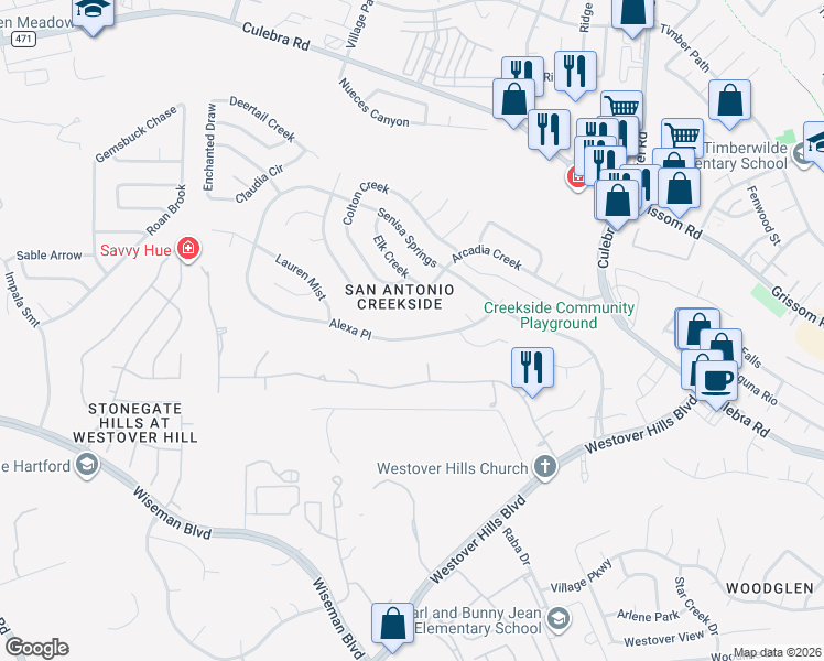 map of restaurants, bars, coffee shops, grocery stores, and more near 9638 Alexa Place in San Antonio
