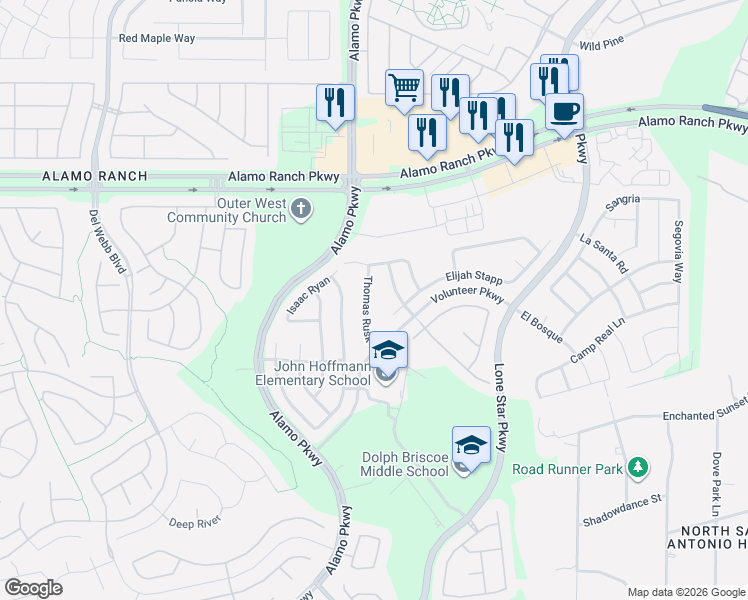 map of restaurants, bars, coffee shops, grocery stores, and more near 4642 Thomas Rusk in San Antonio