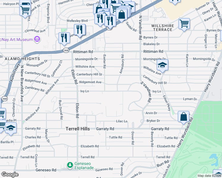 map of restaurants, bars, coffee shops, grocery stores, and more near 605 Ivy Lane in San Antonio