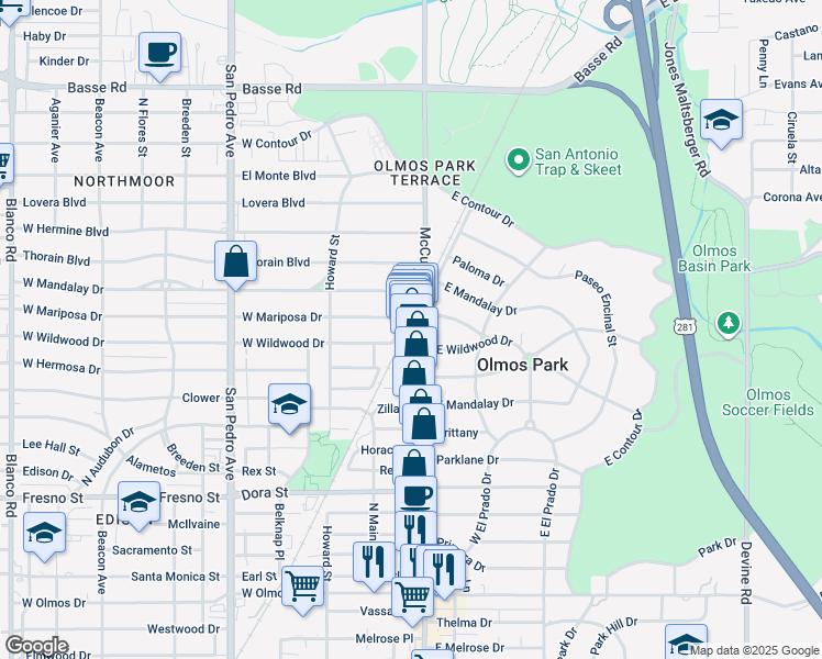 map of restaurants, bars, coffee shops, grocery stores, and more near 121 West Wildwood in San Antonio