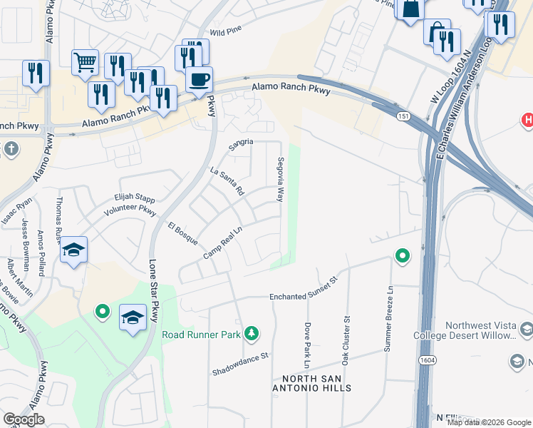 map of restaurants, bars, coffee shops, grocery stores, and more near 11515 Camp Real Lane in San Antonio