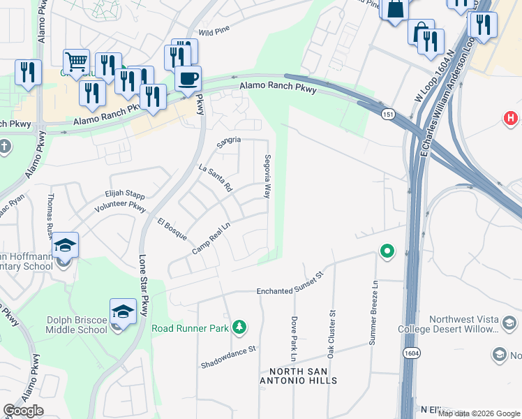 map of restaurants, bars, coffee shops, grocery stores, and more near 11507 Camp Real Lane in San Antonio