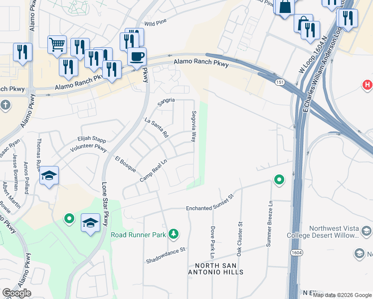 map of restaurants, bars, coffee shops, grocery stores, and more near 11511 Camp Real Lane in San Antonio