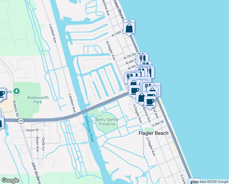 map of restaurants, bars, coffee shops, grocery stores, and more near 400-408 Moody Lane in Flagler Beach