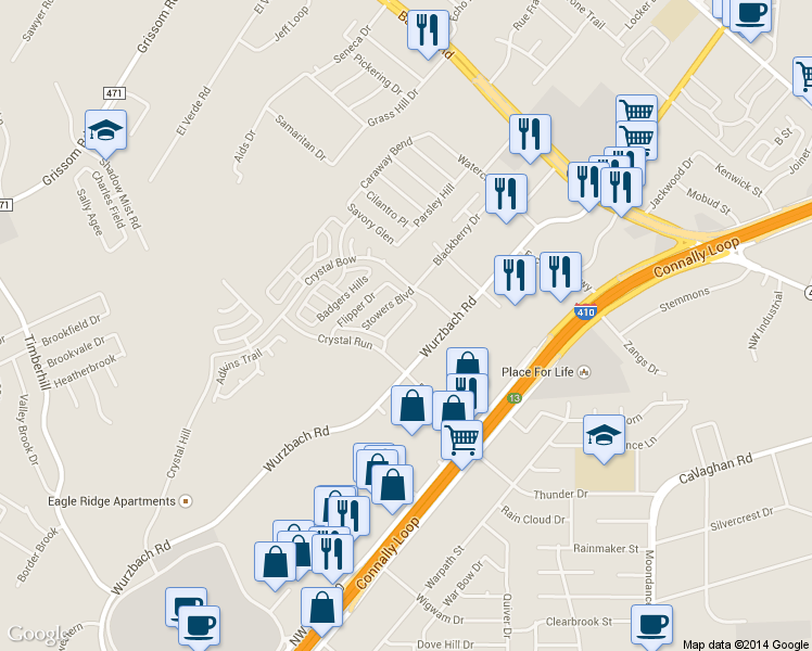 map of restaurants, bars, coffee shops, grocery stores, and more near 4804 Appleseed Court in San Antonio