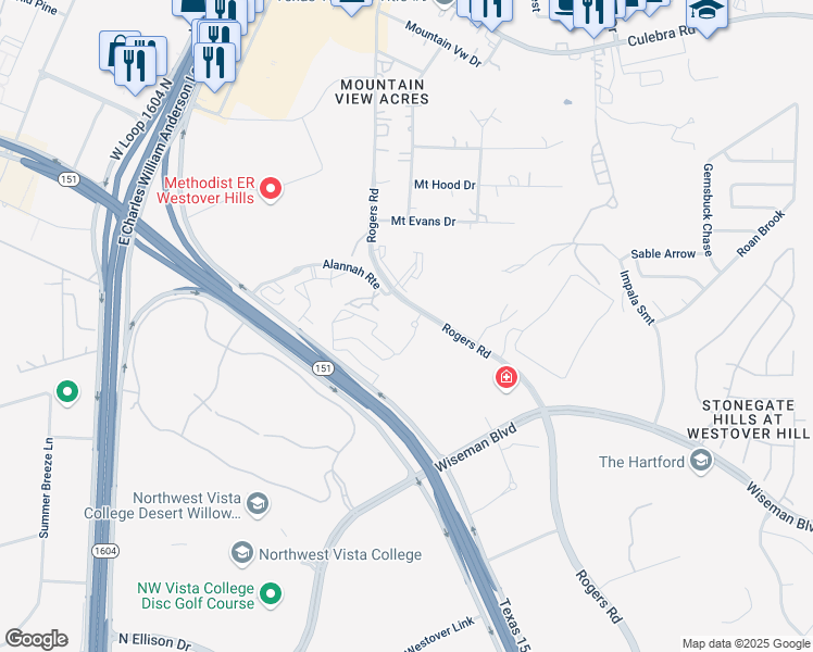map of restaurants, bars, coffee shops, grocery stores, and more near 5295-5435 Rogers Rd in San Antonio