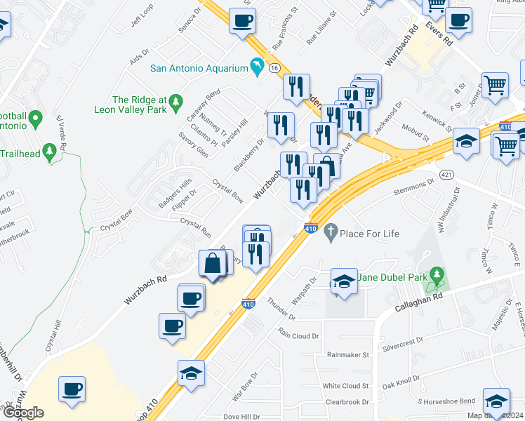 map of restaurants, bars, coffee shops, grocery stores, and more near 5132 Wurzbach Road in San Antonio