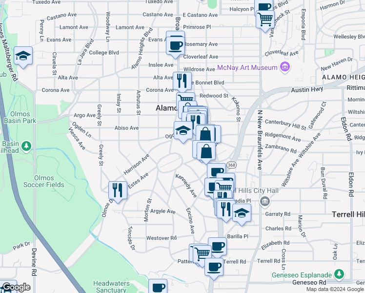 map of restaurants, bars, coffee shops, grocery stores, and more near 1001 Townsend Avenue in Alamo Heights