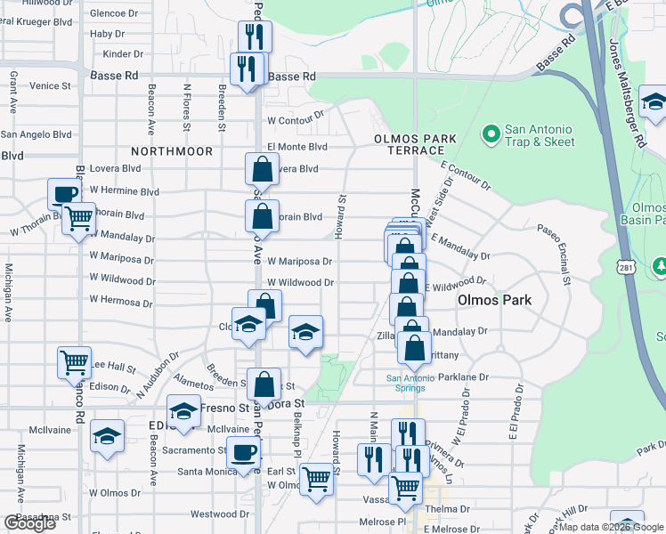 map of restaurants, bars, coffee shops, grocery stores, and more near 211 West Wildwood in San Antonio