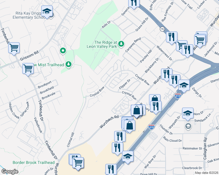 map of restaurants, bars, coffee shops, grocery stores, and more near 3 Stager Hills in San Antonio