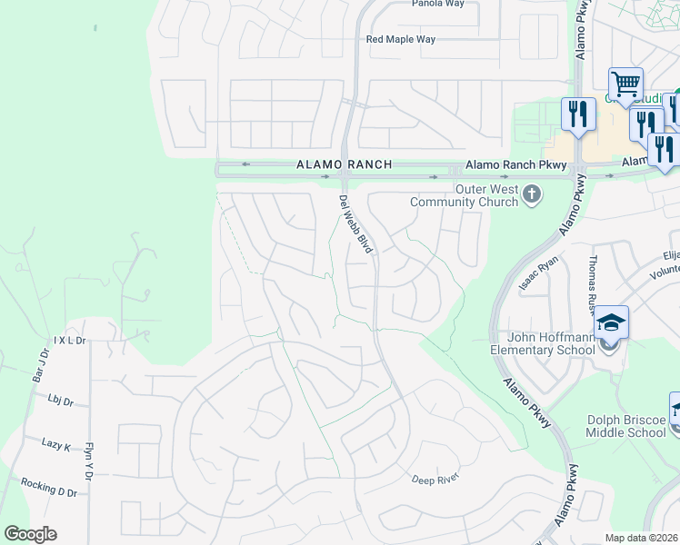 map of restaurants, bars, coffee shops, grocery stores, and more near 4707 Sunrise Beach in San Antonio