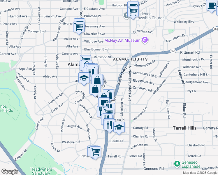 map of restaurants, bars, coffee shops, grocery stores, and more near 101 Fenimore Avenue in San Antonio