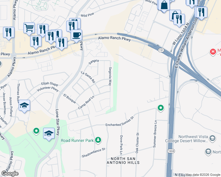 map of restaurants, bars, coffee shops, grocery stores, and more near 4802 Segovia Way in San Antonio