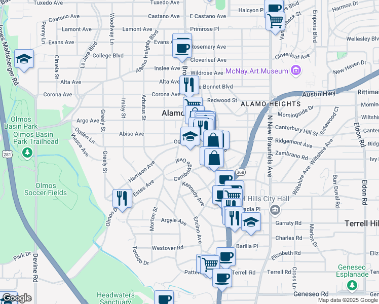 map of restaurants, bars, coffee shops, grocery stores, and more near 1001 Townsend Avenue in Alamo Heights