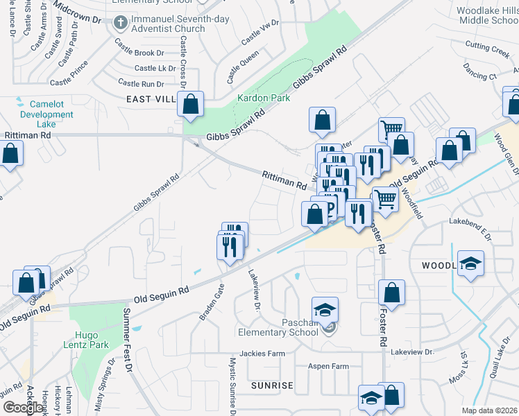 map of restaurants, bars, coffee shops, grocery stores, and more near 5495 Seguin Road in San Antonio