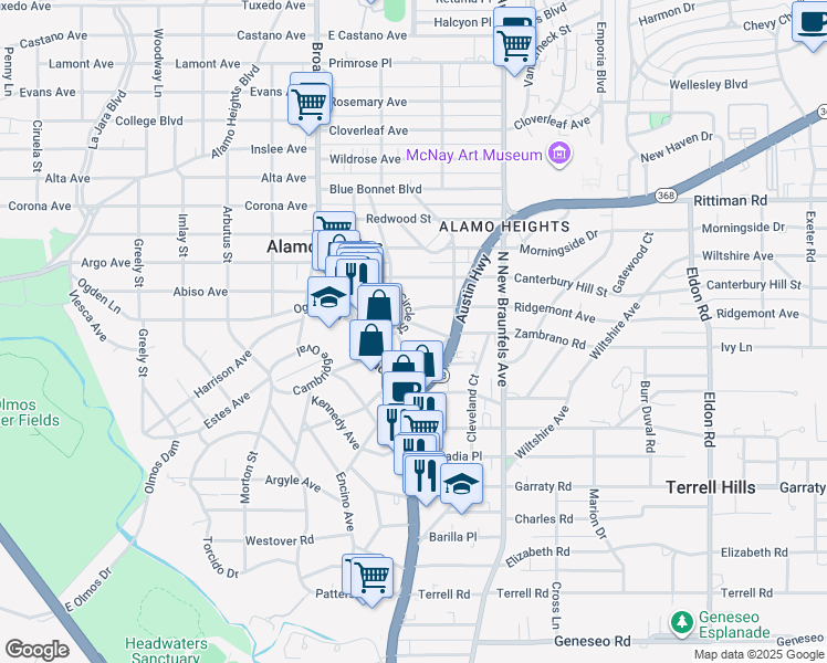 map of restaurants, bars, coffee shops, grocery stores, and more near 101 Fenimore Avenue in San Antonio