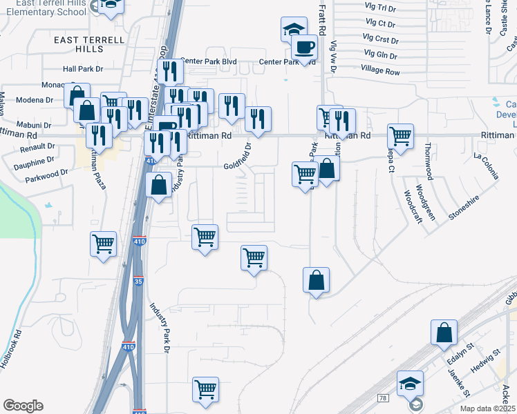 map of restaurants, bars, coffee shops, grocery stores, and more near 4801 Goldfield in San Antonio