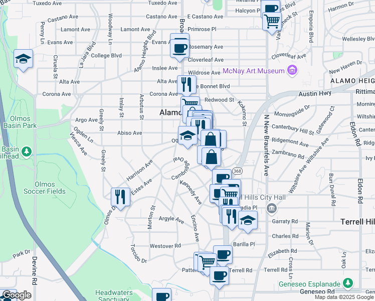 map of restaurants, bars, coffee shops, grocery stores, and more near 952 Cambridge Oval in San Antonio