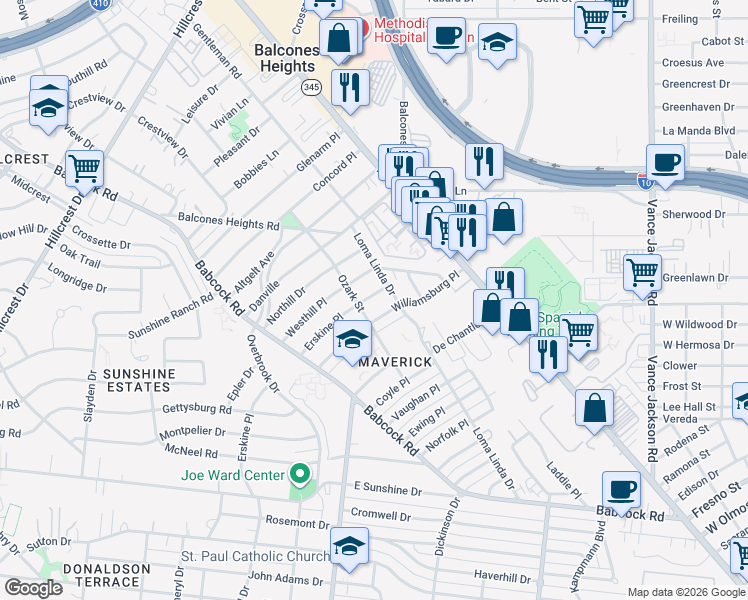 map of restaurants, bars, coffee shops, grocery stores, and more near 423 Williamsburg Place in San Antonio
