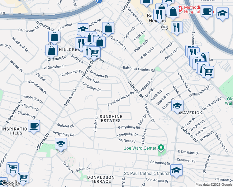 map of restaurants, bars, coffee shops, grocery stores, and more near 3715 Sunshine Ranch Road in San Antonio